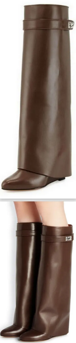 'Shark Lock' Wedge Knee Leather Boots in Chocolate Brown