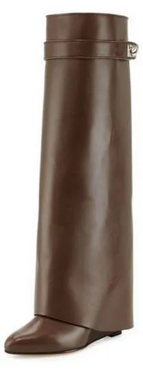 'Shark Lock' Wedge Knee Leather Boots in Chocolate Brown