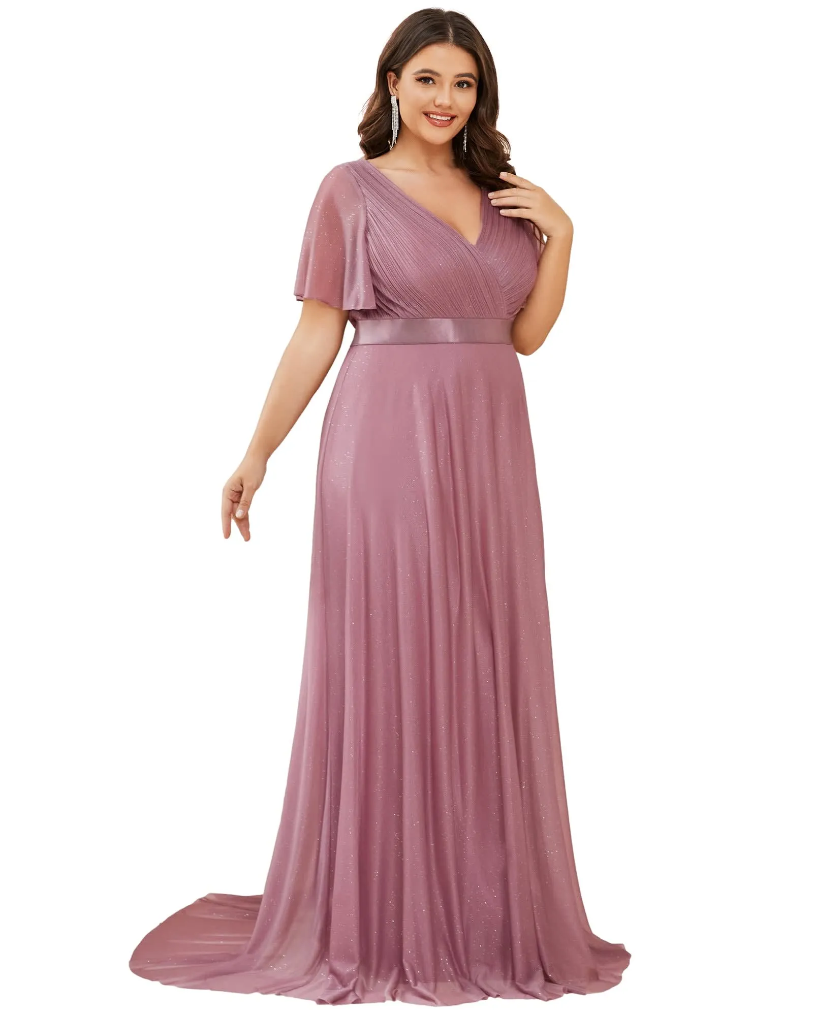 Short Sleeve V-Neck Ribbon Waist A-Line Evening Dress | Purple Orchid