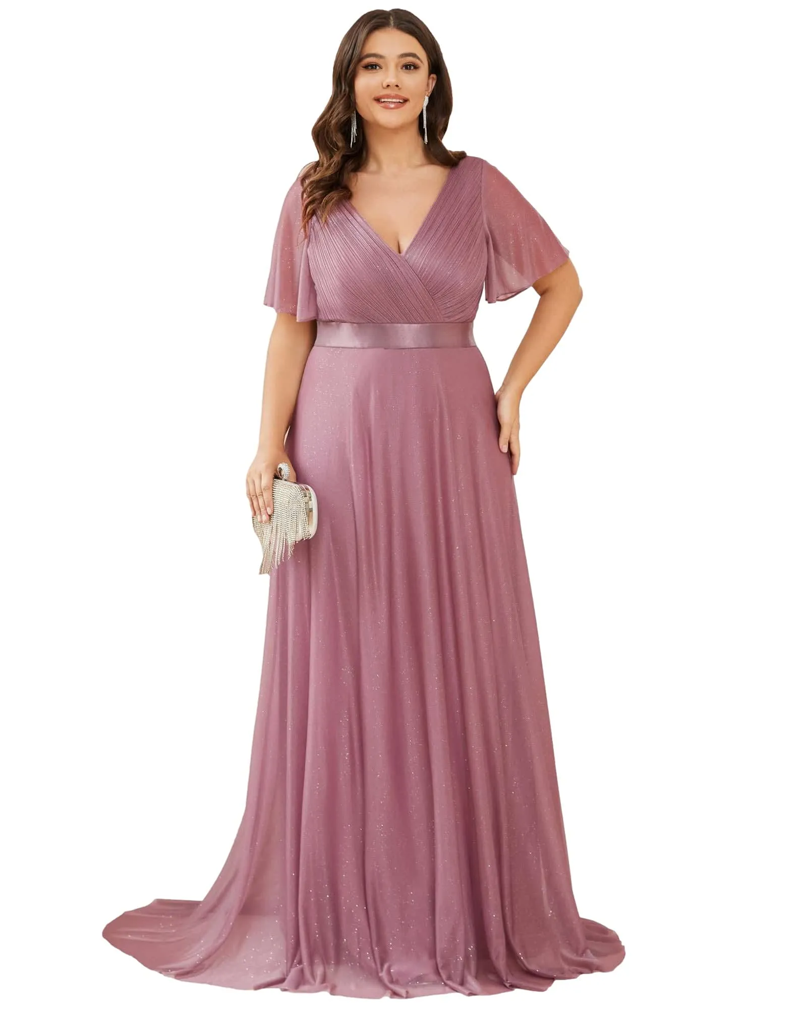 Short Sleeve V-Neck Ribbon Waist A-Line Evening Dress | Purple Orchid