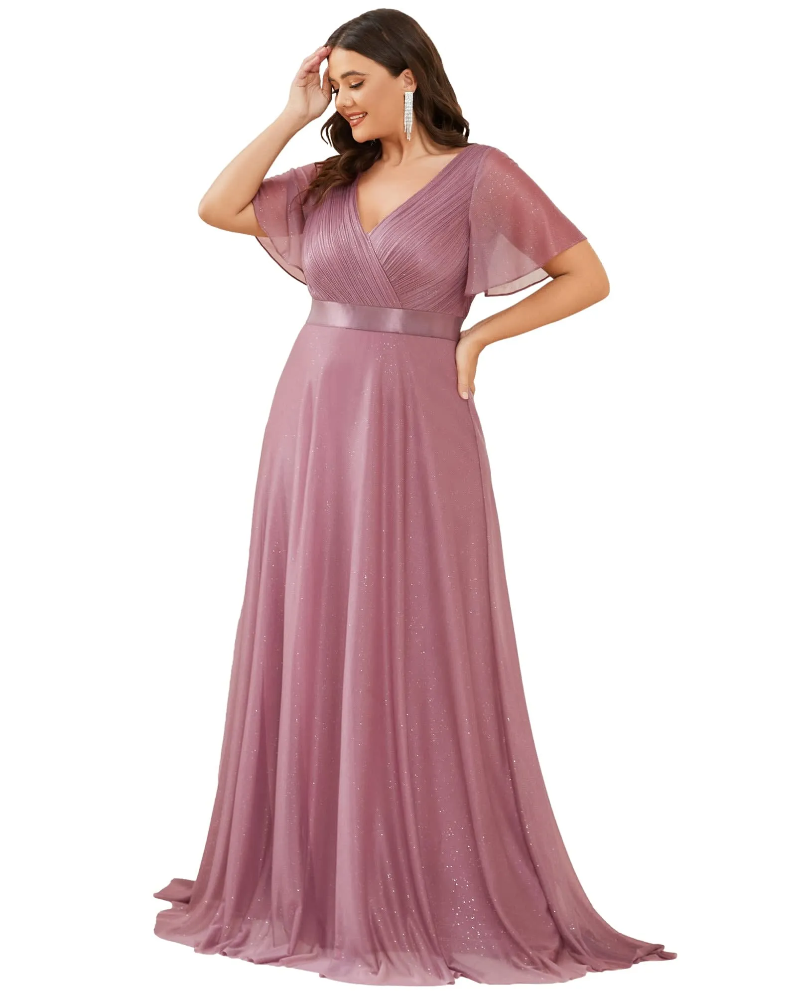 Short Sleeve V-Neck Ribbon Waist A-Line Evening Dress | Purple Orchid