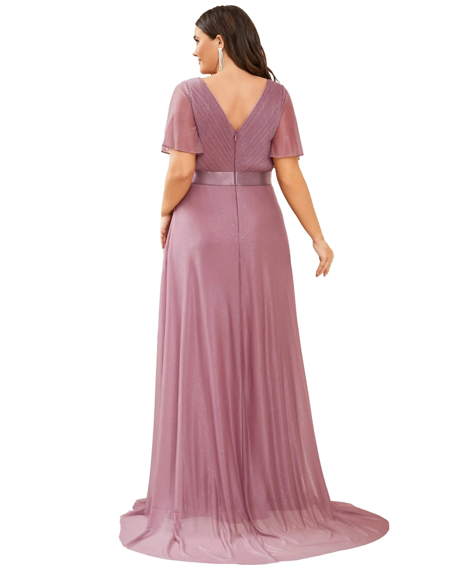 Short Sleeve V-Neck Ribbon Waist A-Line Evening Dress | Purple Orchid