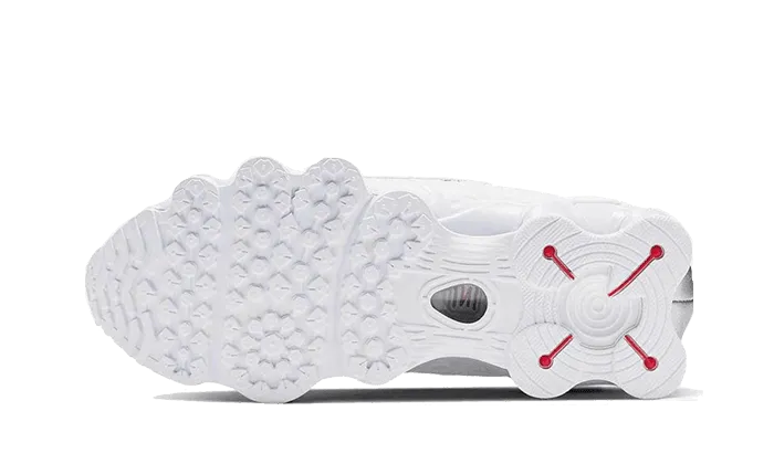 running in a pedestrian path area shoes Shox TL White Metallic Silver Max Orange