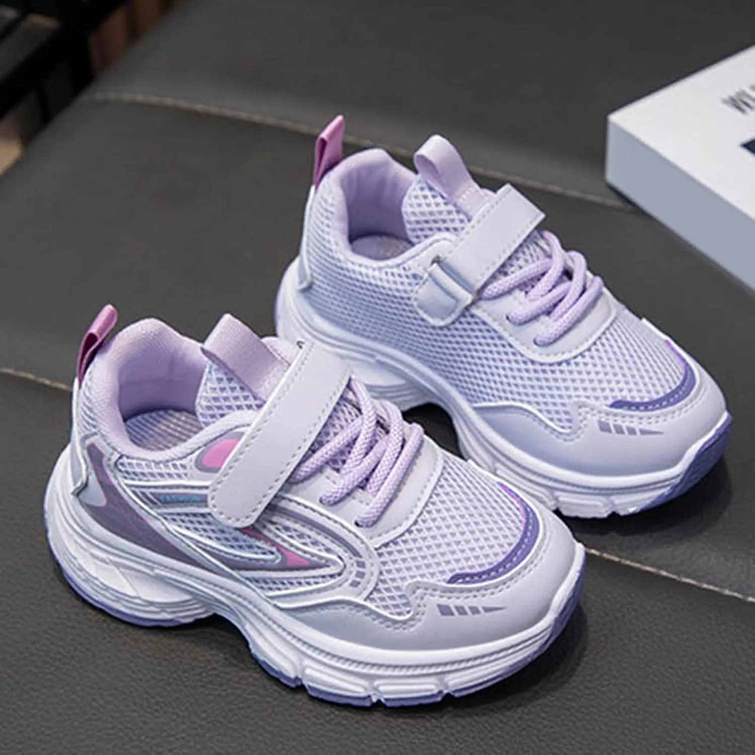 Sneakers for Girls Athletic Lace-Up Running Shoes with Chunky Cushion Heel Kids Hook and Loop Breathable Sports Shoes