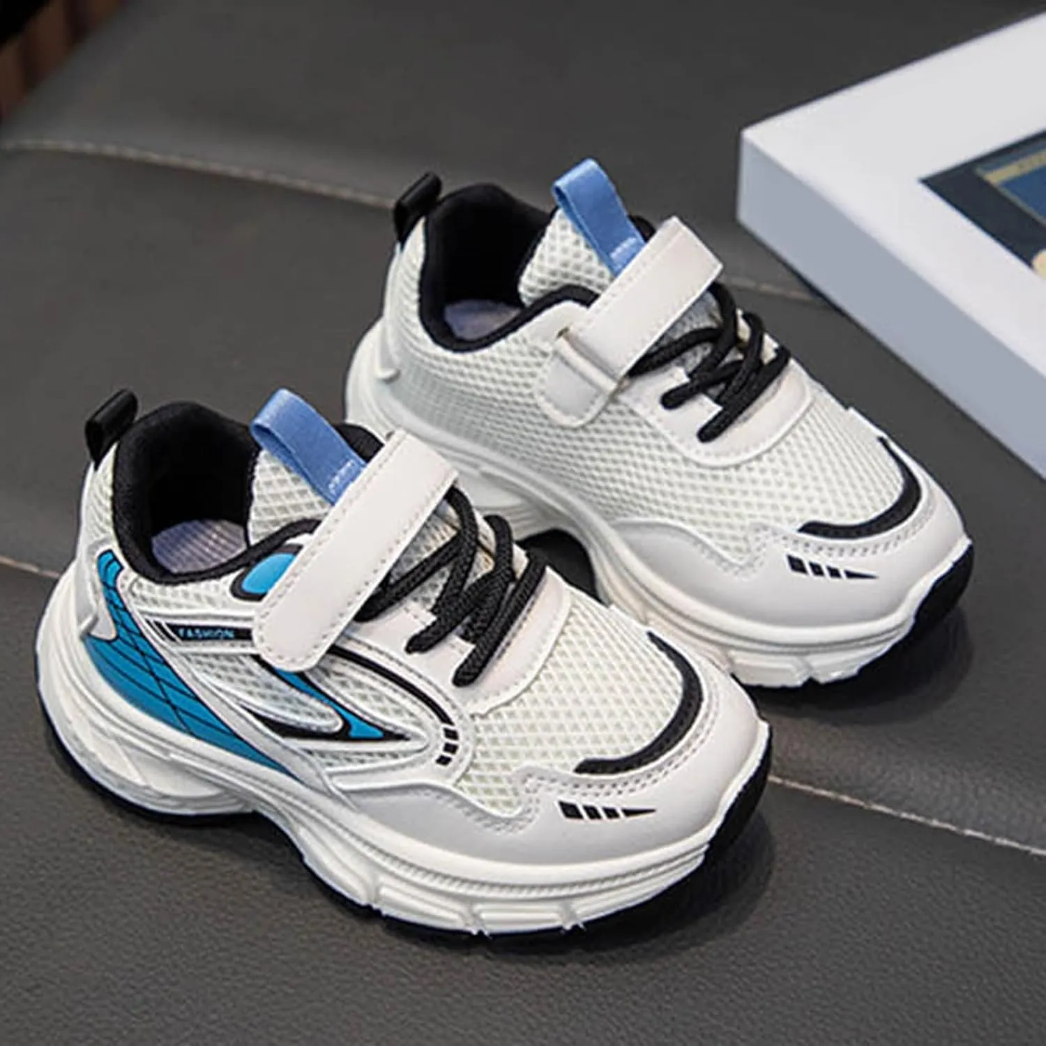 Sneakers for Girls Athletic Lace-Up Running Shoes with Chunky Cushion Heel Kids Hook and Loop Breathable Sports Shoes