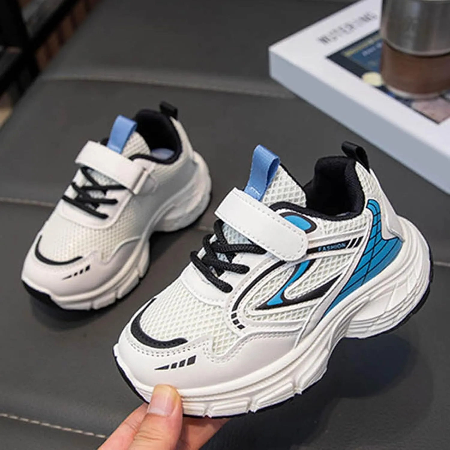 Sneakers for Girls Athletic Lace-Up Running Shoes with Chunky Cushion Heel Kids Hook and Loop Breathable Sports Shoes