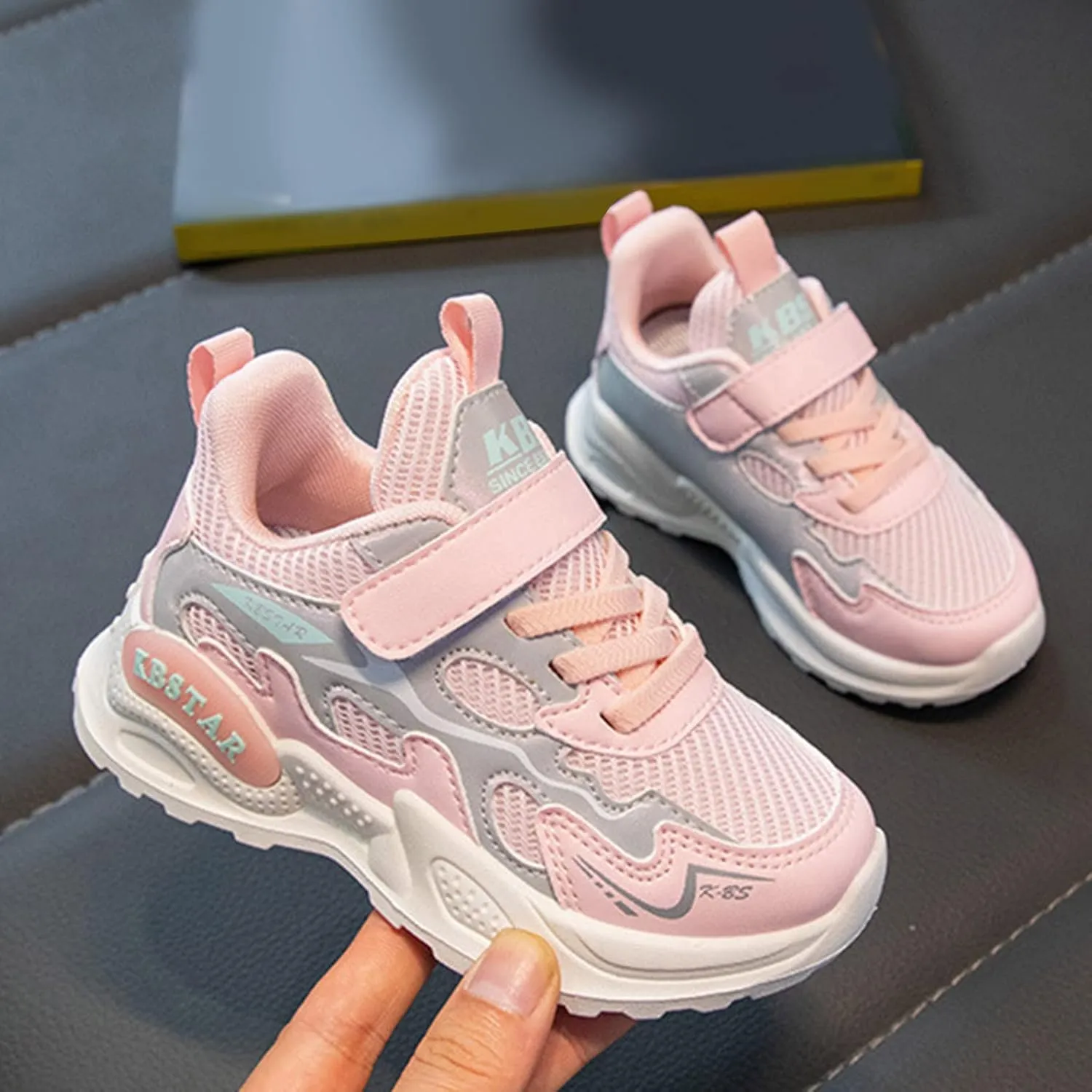 Sneakers for Girls Running Non-Slip Tennis Casual Walking Shoes with Hook and Loop Breathable Mesh Sports Shoes for Kids