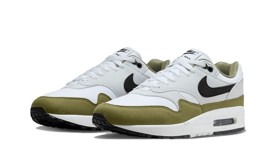 Air Max 1 White Black Medium Olive socially - responsible