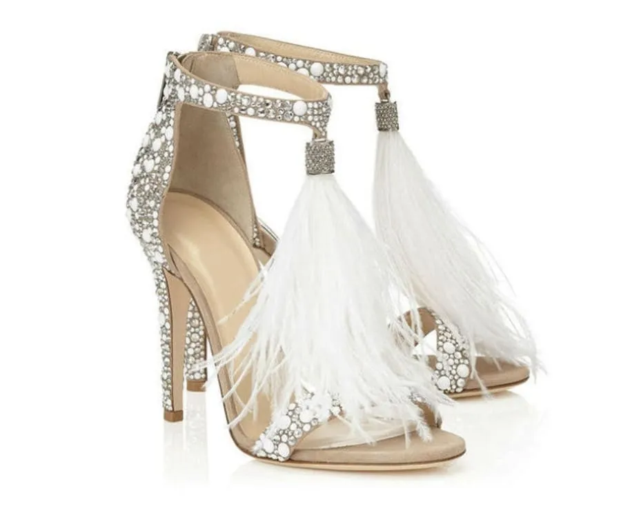 Sparkly Rhinestone Wedding Shoes with Sexy Feather Sandals Flair
