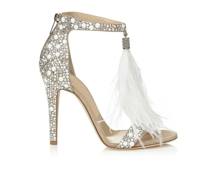 Sparkly Rhinestone Wedding Shoes with Sexy Feather Sandals Flair
