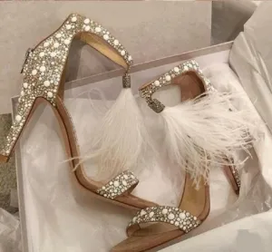 Sparkly Rhinestone Wedding Shoes with Sexy Feather Sandals Flair