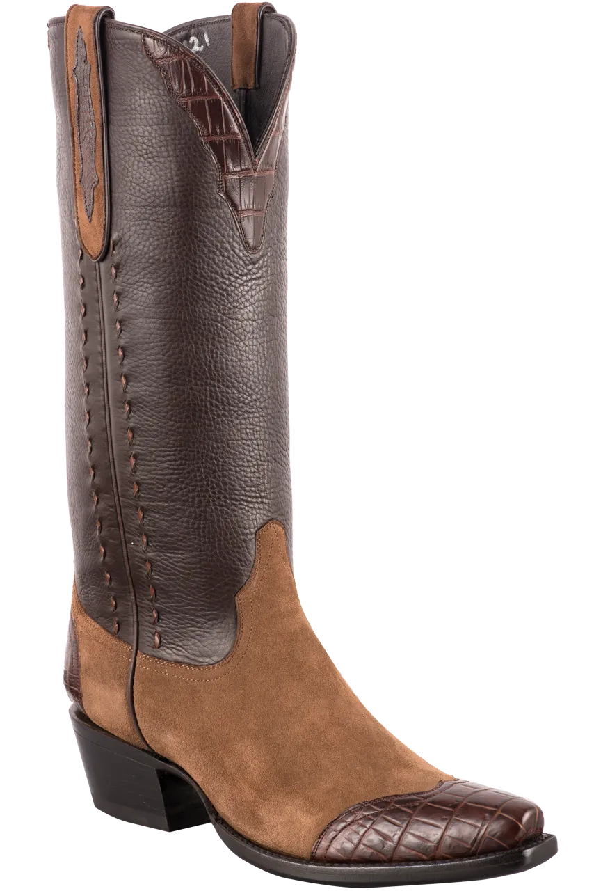 Stallion Women's Lamb Suede & Crocodile Cowgirl Boots - Tobacco