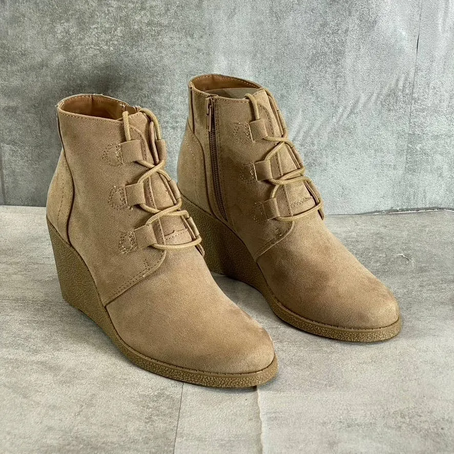STYLE & CO Light Taupe Micro Noellee Lace-Up Side-Zip Wedge Booties SZ 7
