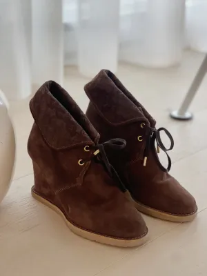 Suede Wedge Lace-Up Booties