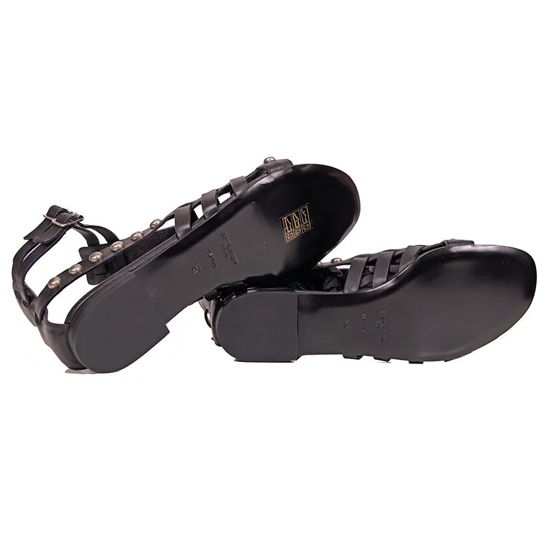 sz 37 NEW $1050 SAINT LAURENT Black WOVEN LEATHER Studded GLADIATOR Boho SANDALS
