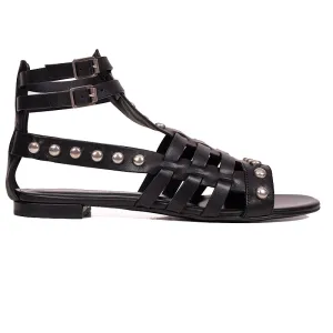 sz 37 NEW $1050 SAINT LAURENT Black WOVEN LEATHER Studded GLADIATOR Boho SANDALS