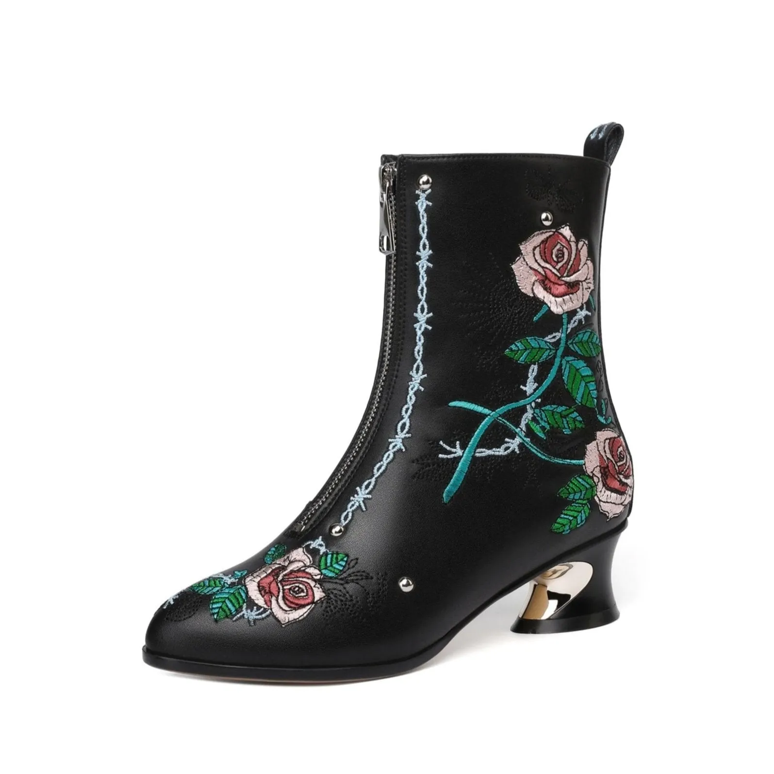 TinaCus Handmade Women's Genuine Leather Ethnic Embroidered Floral Pointed Toe Low Chunky Heel Front Zipper Mid-Calf Boots