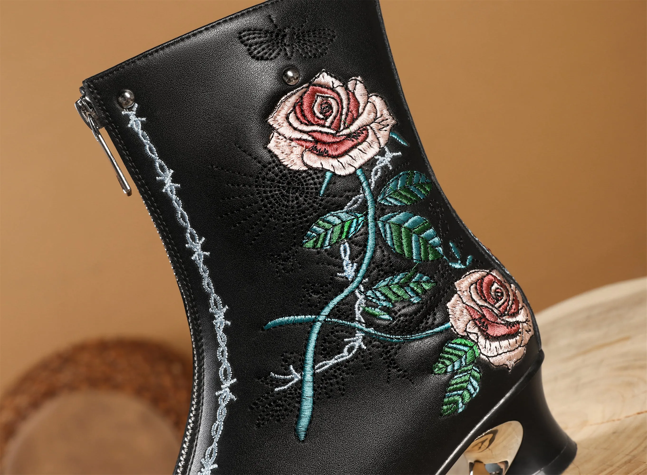 TinaCus Handmade Women's Genuine Leather Ethnic Embroidered Floral Pointed Toe Low Chunky Heel Front Zipper Mid-Calf Boots