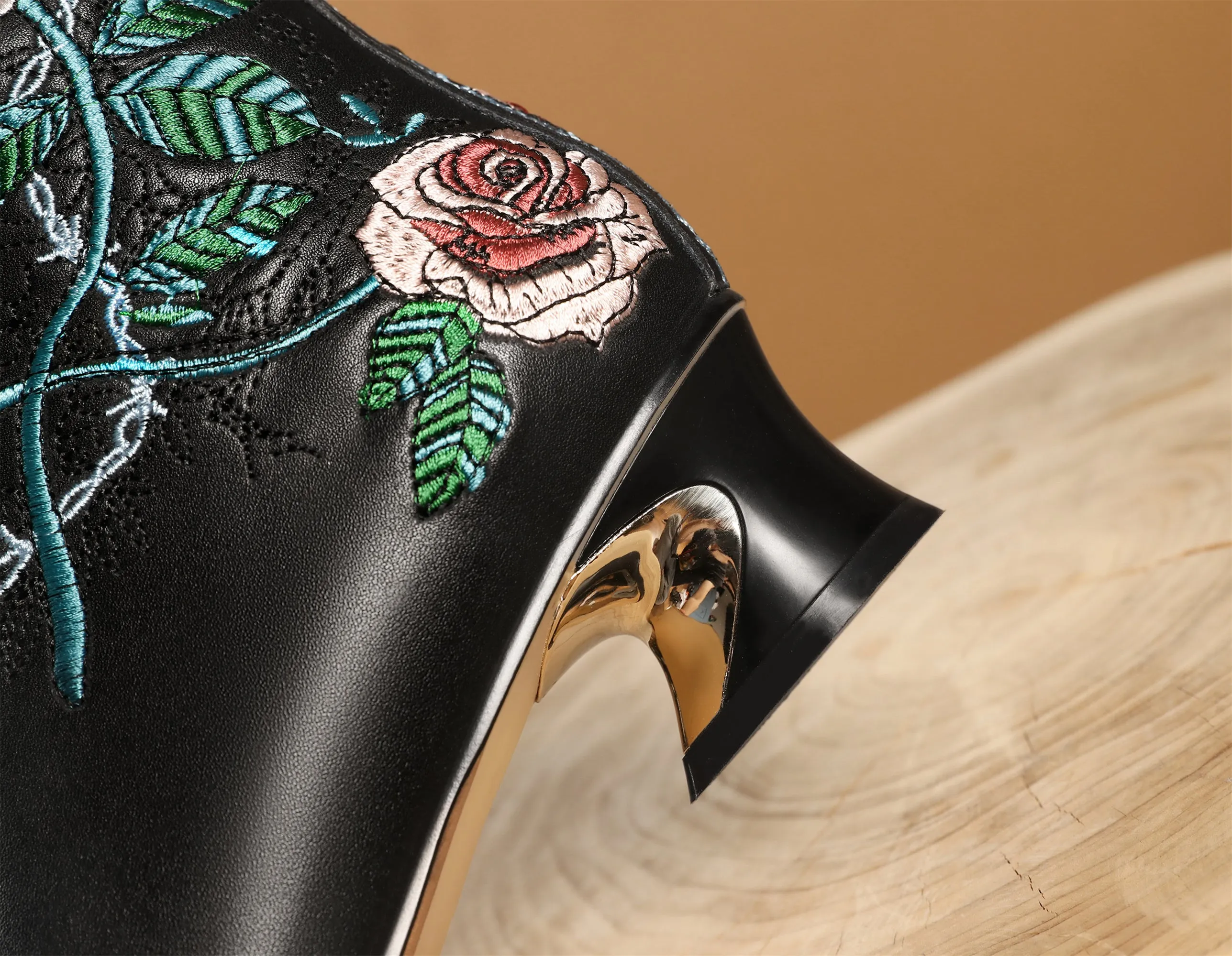 TinaCus Handmade Women's Genuine Leather Ethnic Embroidered Floral Pointed Toe Low Chunky Heel Front Zipper Mid-Calf Boots