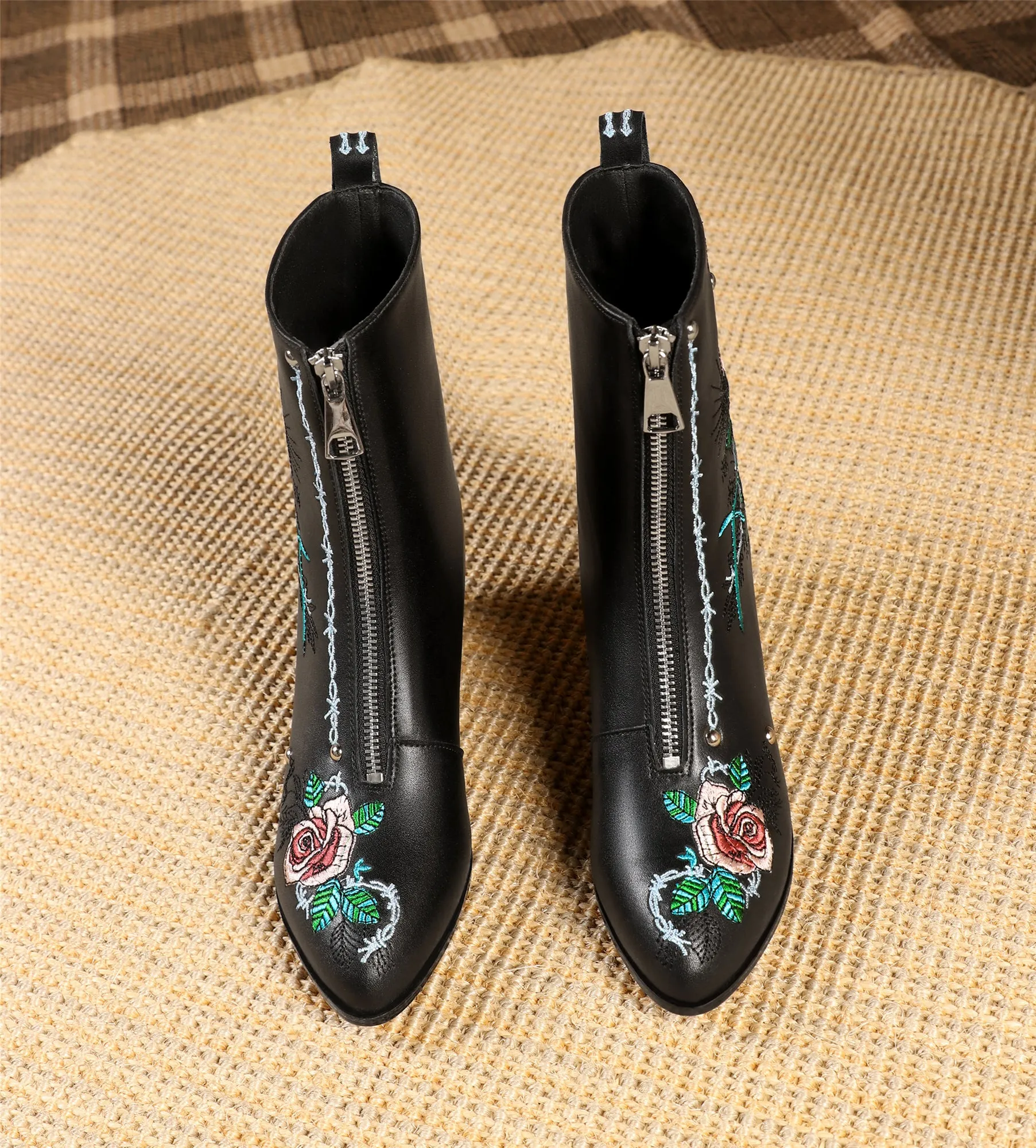 TinaCus Handmade Women's Genuine Leather Ethnic Embroidered Floral Pointed Toe Low Chunky Heel Front Zipper Mid-Calf Boots