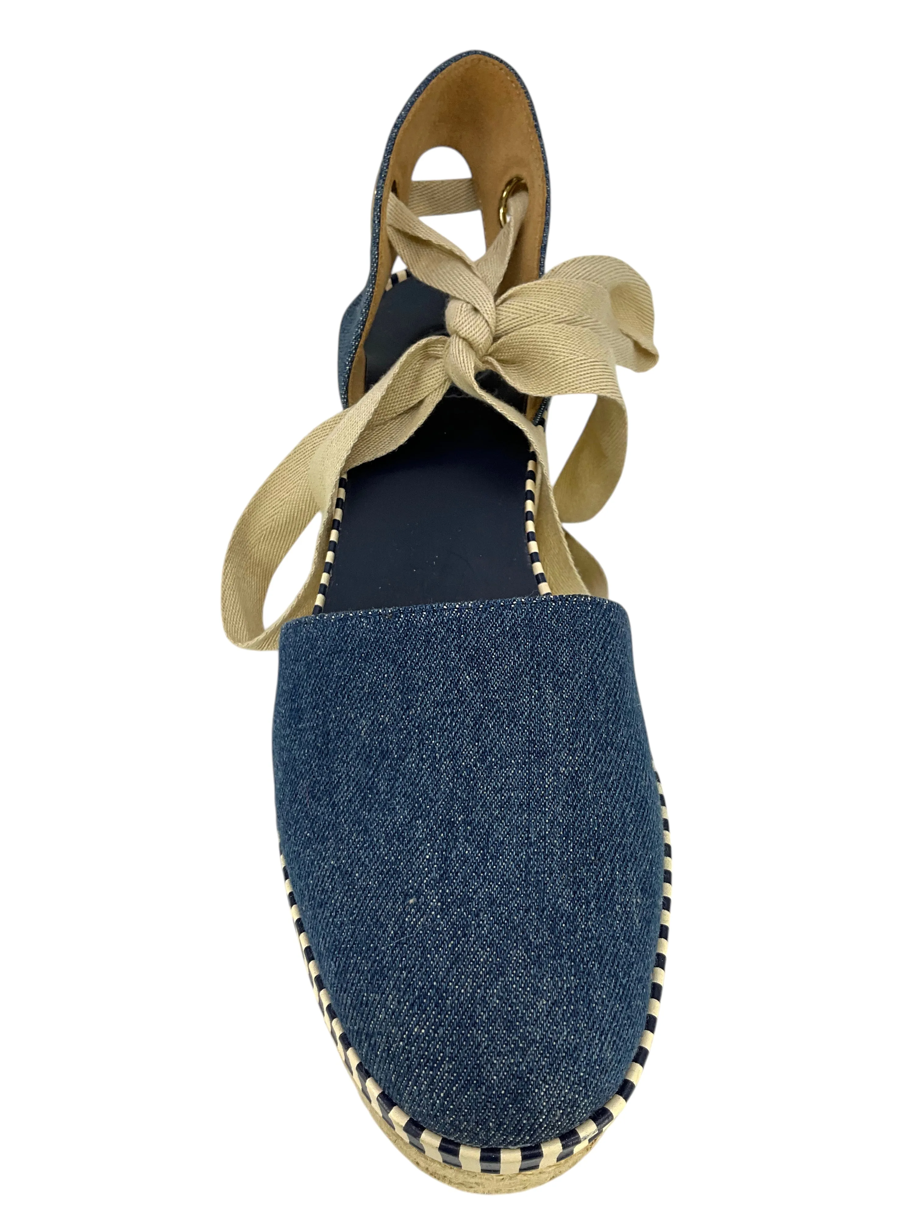 Tory Burch Denim Dandy Ankle Wrap Espadrille Wedge Sandals Size 7.5