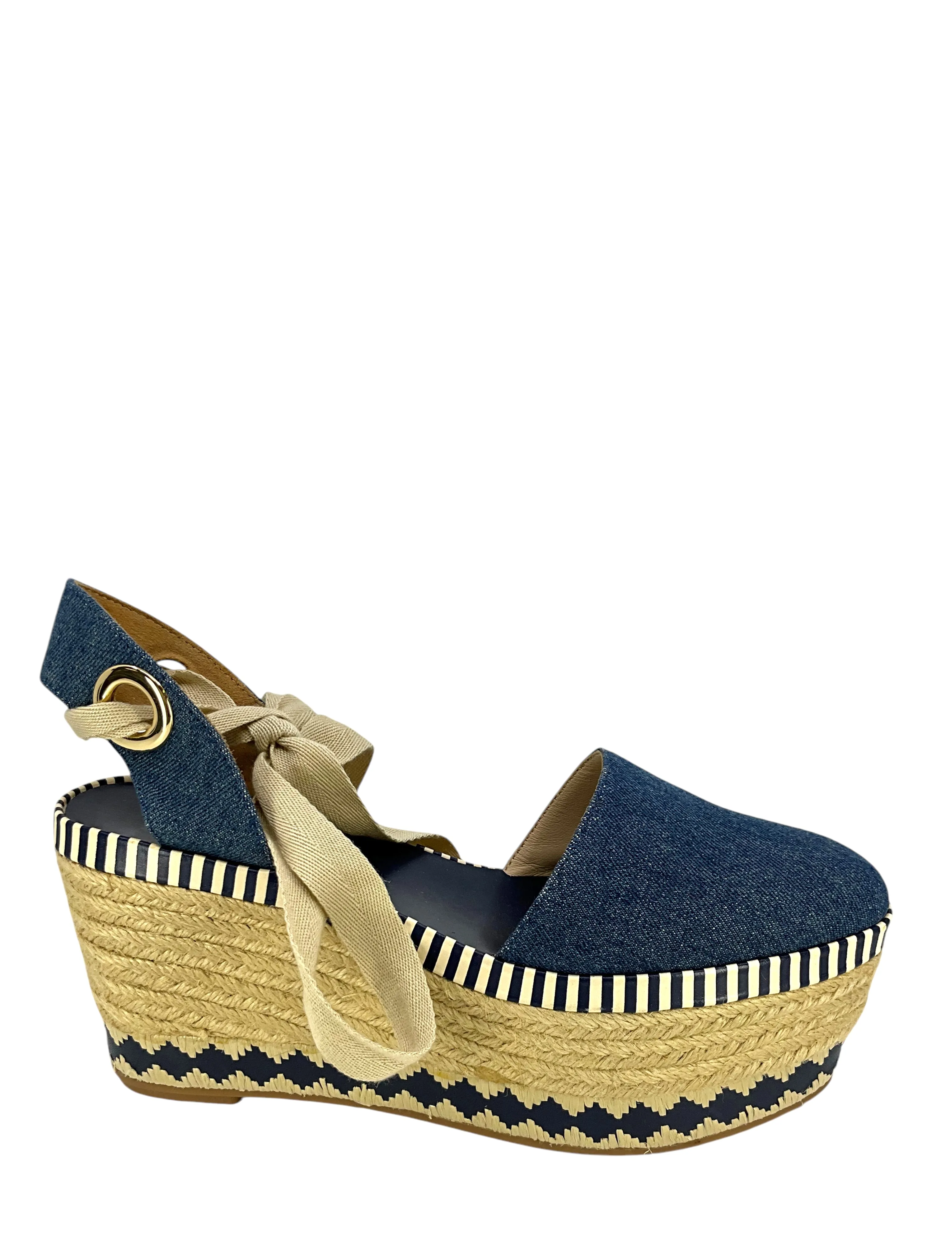 Tory Burch Denim Dandy Ankle Wrap Espadrille Wedge Sandals Size 7.5
