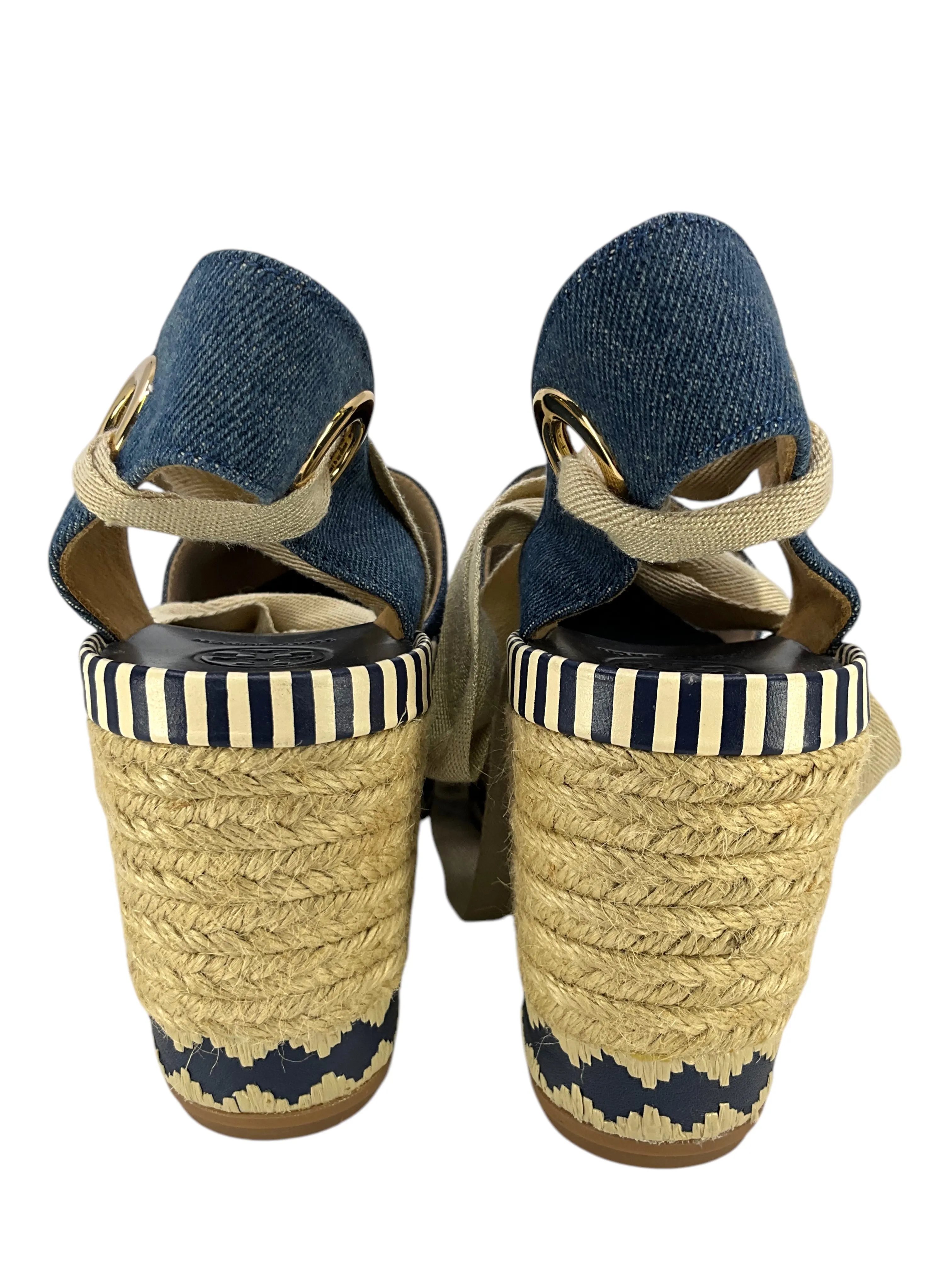 Tory Burch Denim Dandy Ankle Wrap Espadrille Wedge Sandals Size 7.5
