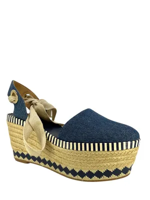 Tory Burch Denim Dandy Ankle Wrap Espadrille Wedge Sandals Size 7.5