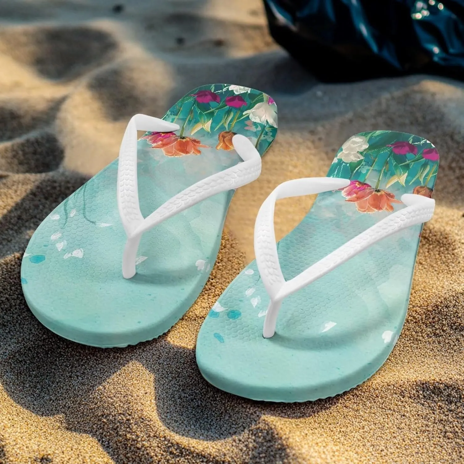 Tropical Flower Print Sandals Women Butterfly Summer Lightweight Flip Flops Shock-Absorbing for Walking All-Day Comfort
