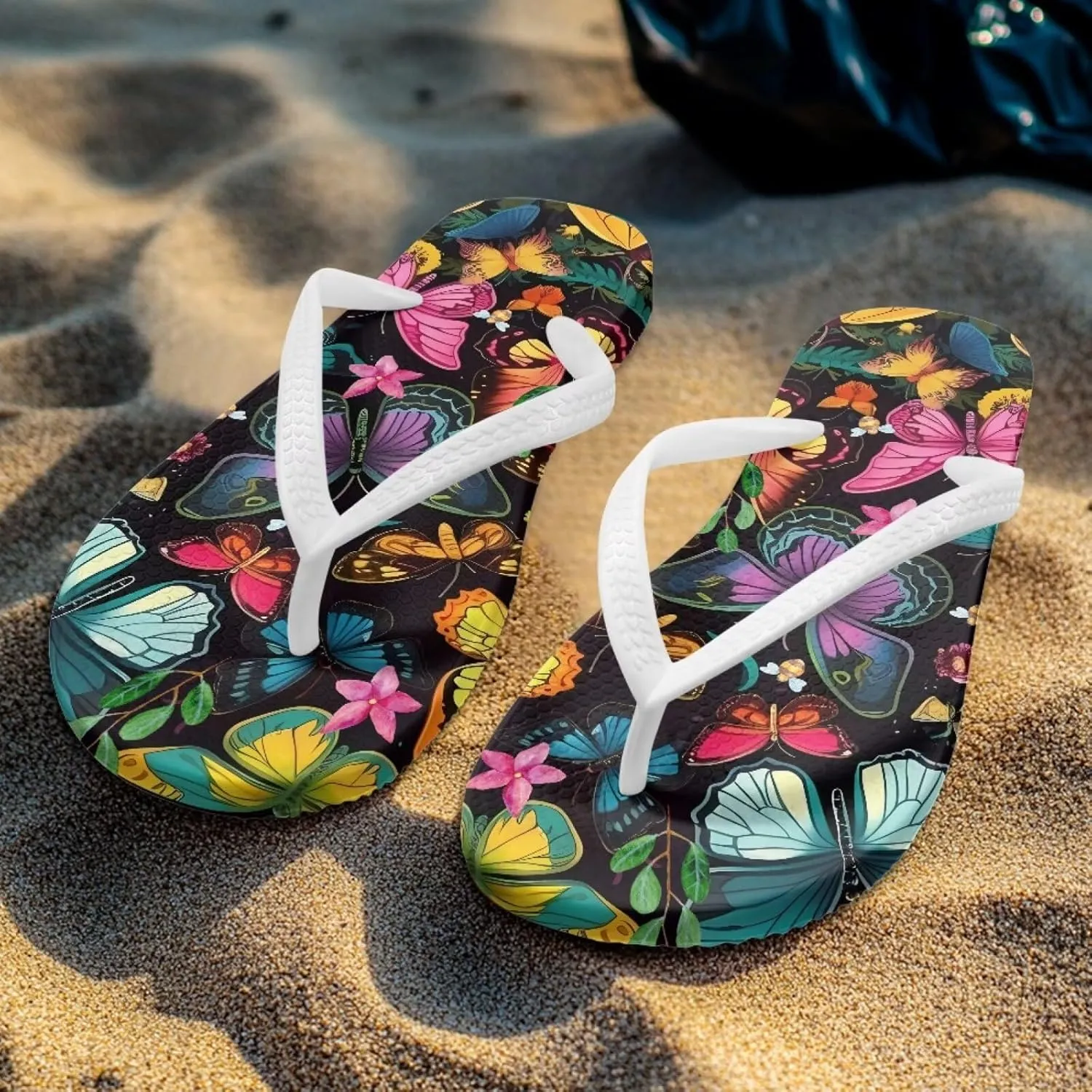 Tropical Flower Print Sandals Women Butterfly Summer Lightweight Flip Flops Shock-Absorbing for Walking All-Day Comfort