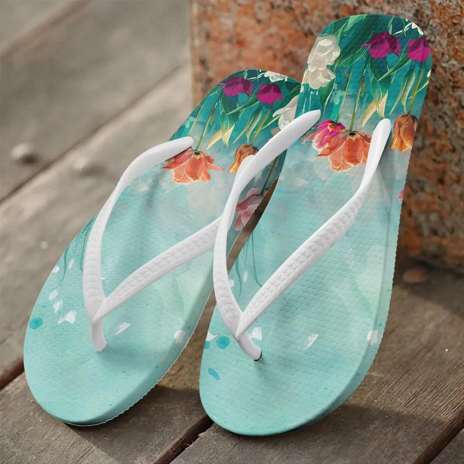 Tropical Flower Print Sandals Women Butterfly Summer Lightweight Flip Flops Shock-Absorbing for Walking All-Day Comfort
