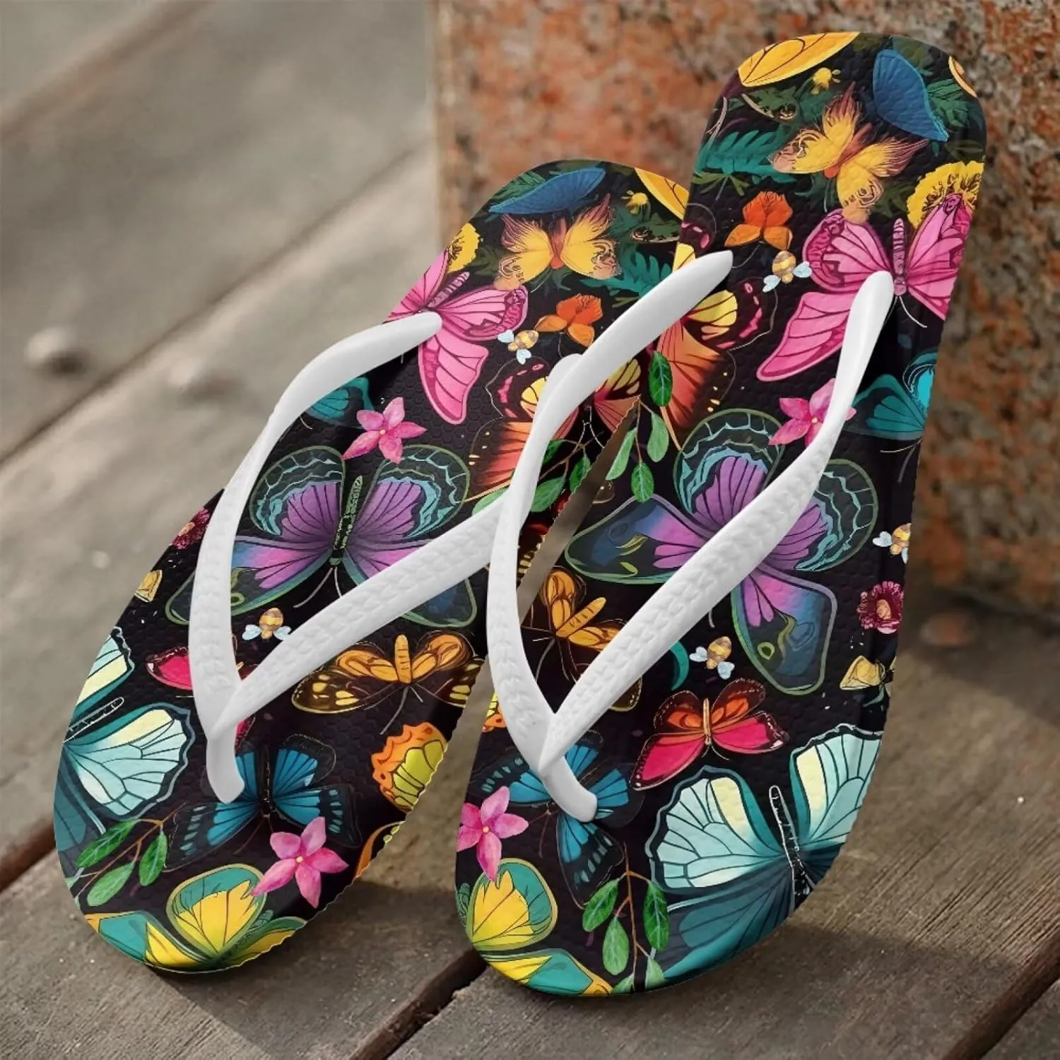 Tropical Flower Print Sandals Women Butterfly Summer Lightweight Flip Flops Shock-Absorbing for Walking All-Day Comfort