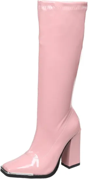 UOQAPRE Women's Low Heel Platform Boot Wide Calf Over The Knee Block Heel Zipper Boot Chunky Booties for Women