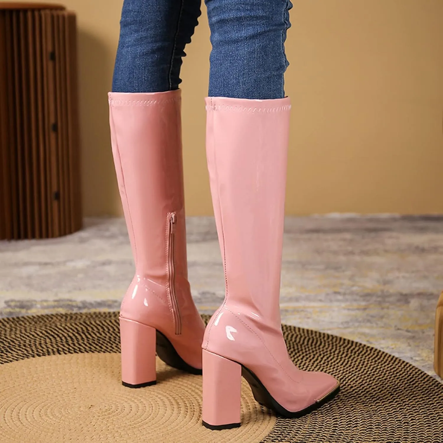 UOQAPRE Women's Low Heel Platform Boot Wide Calf Over The Knee Block Heel Zipper Boot Chunky Booties for Women