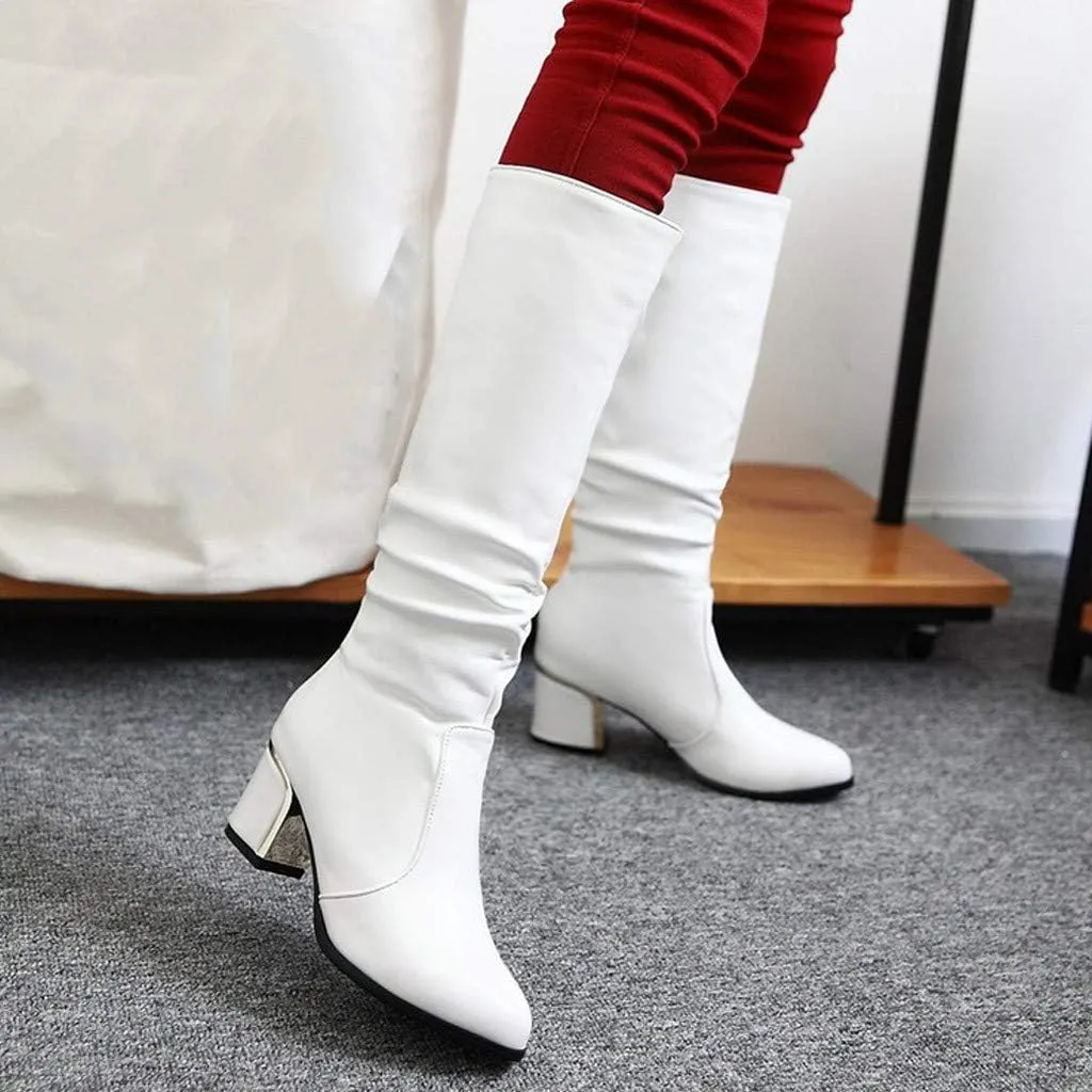 UOQAPRE Women's Low Heel Platform Boot Wide Calf Over The Knee Block Heel Zipper Boot Chunky Booties for Women