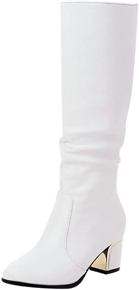 UOQAPRE Women's Low Heel Platform Boot Wide Calf Over The Knee Block Heel Zipper Boot Chunky Booties for Women