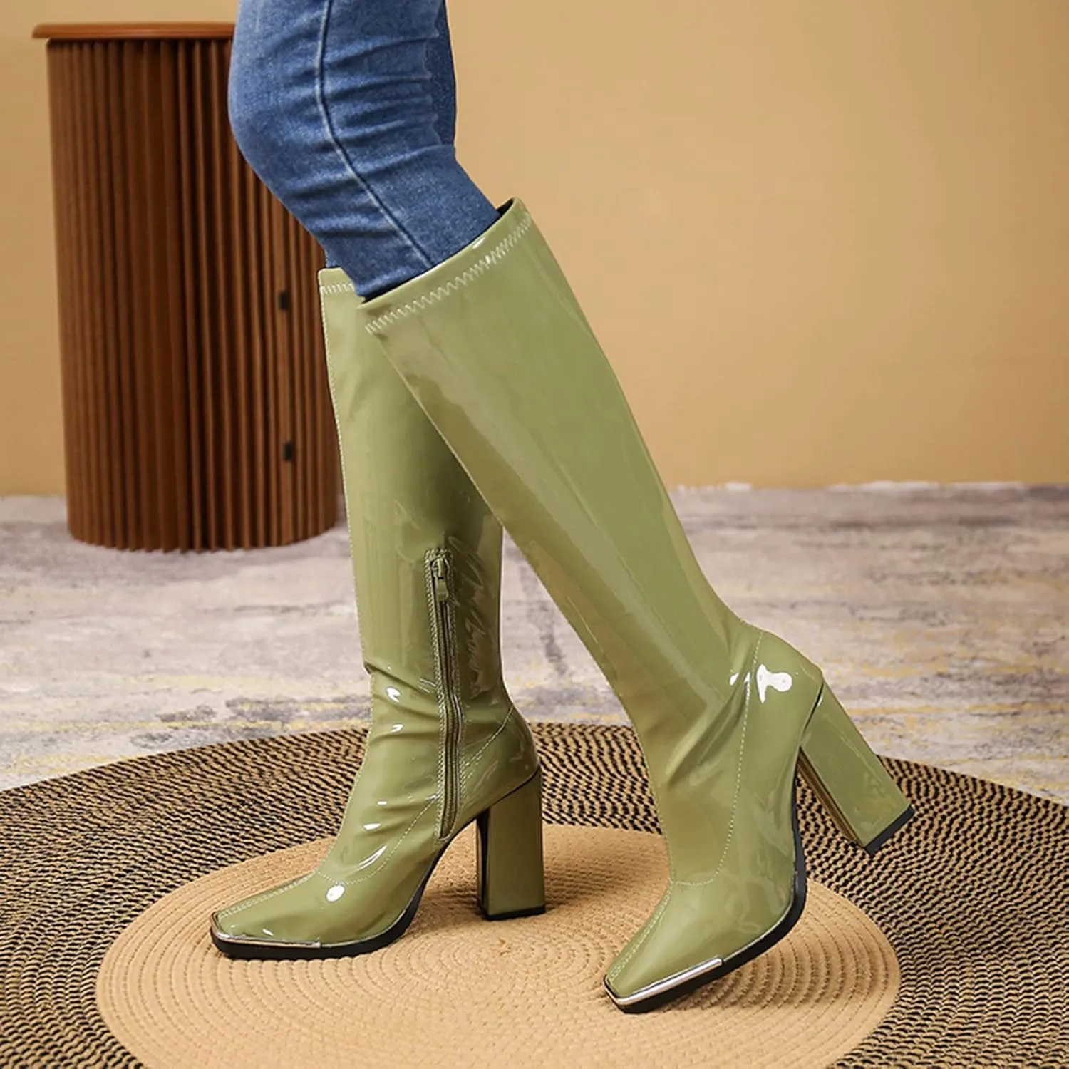 UOQAPRE Women's Low Heel Platform Boot Wide Calf Over The Knee Block Heel Zipper Boot Chunky Booties for Women