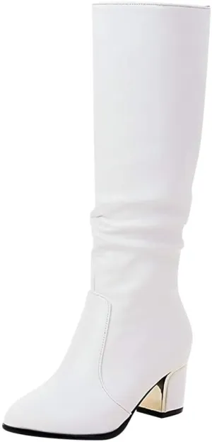 UOQAPRE Women's Low Heel Platform Boot Wide Calf Over The Knee Block Heel Zipper Boot Chunky Booties for Women