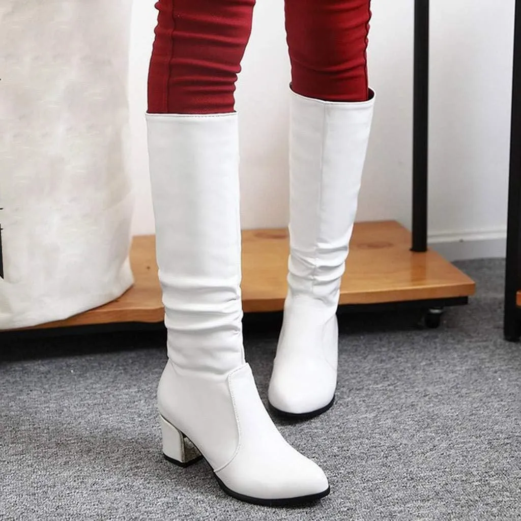 UOQAPRE Women's Low Heel Platform Boot Wide Calf Over The Knee Block Heel Zipper Boot Chunky Booties for Women