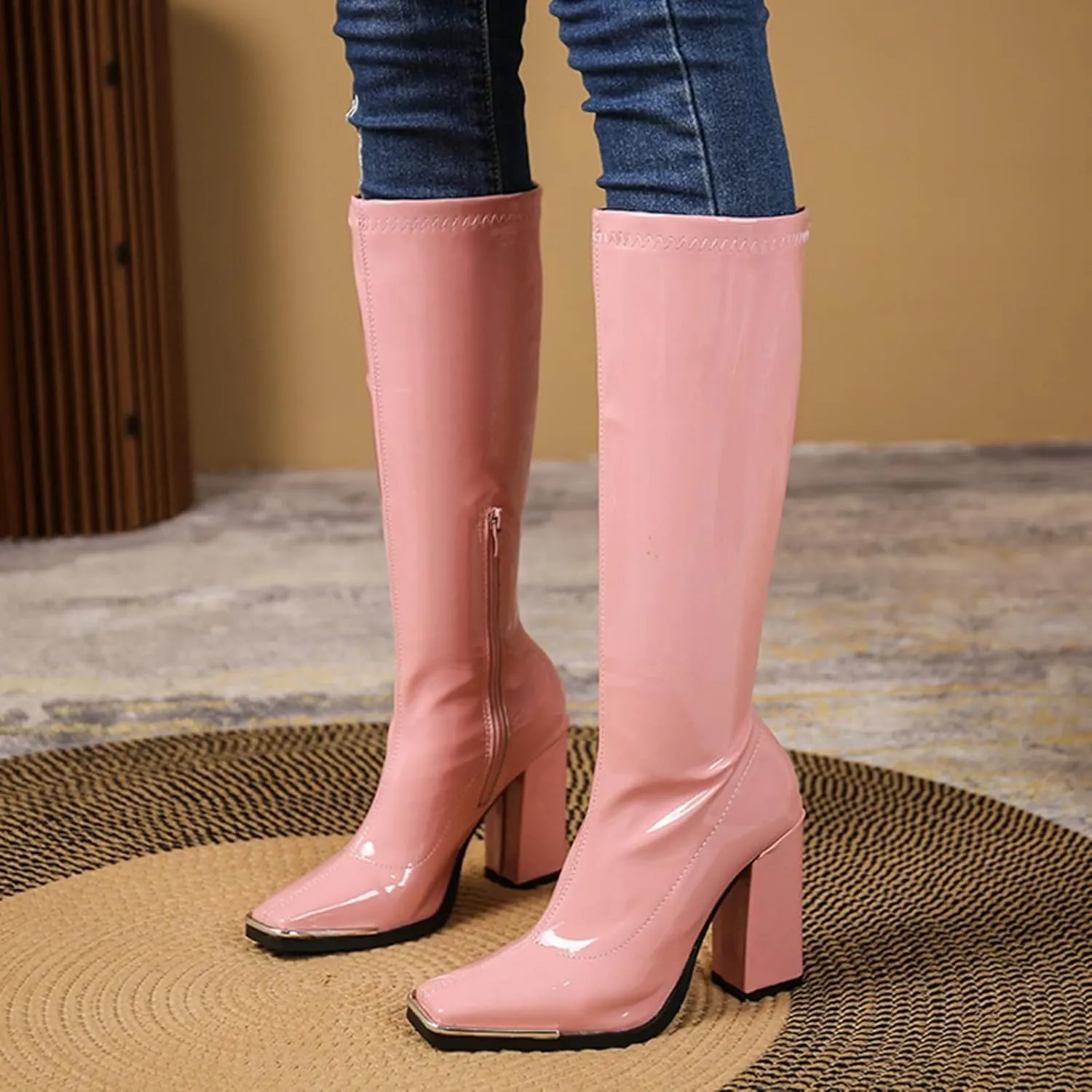 UOQAPRE Women's Low Heel Platform Boot Wide Calf Over The Knee Block Heel Zipper Boot Chunky Booties for Women