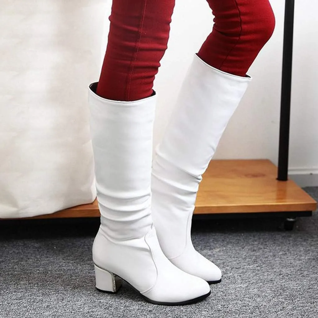 UOQAPRE Women's Low Heel Platform Boot Wide Calf Over The Knee Block Heel Zipper Boot Chunky Booties for Women