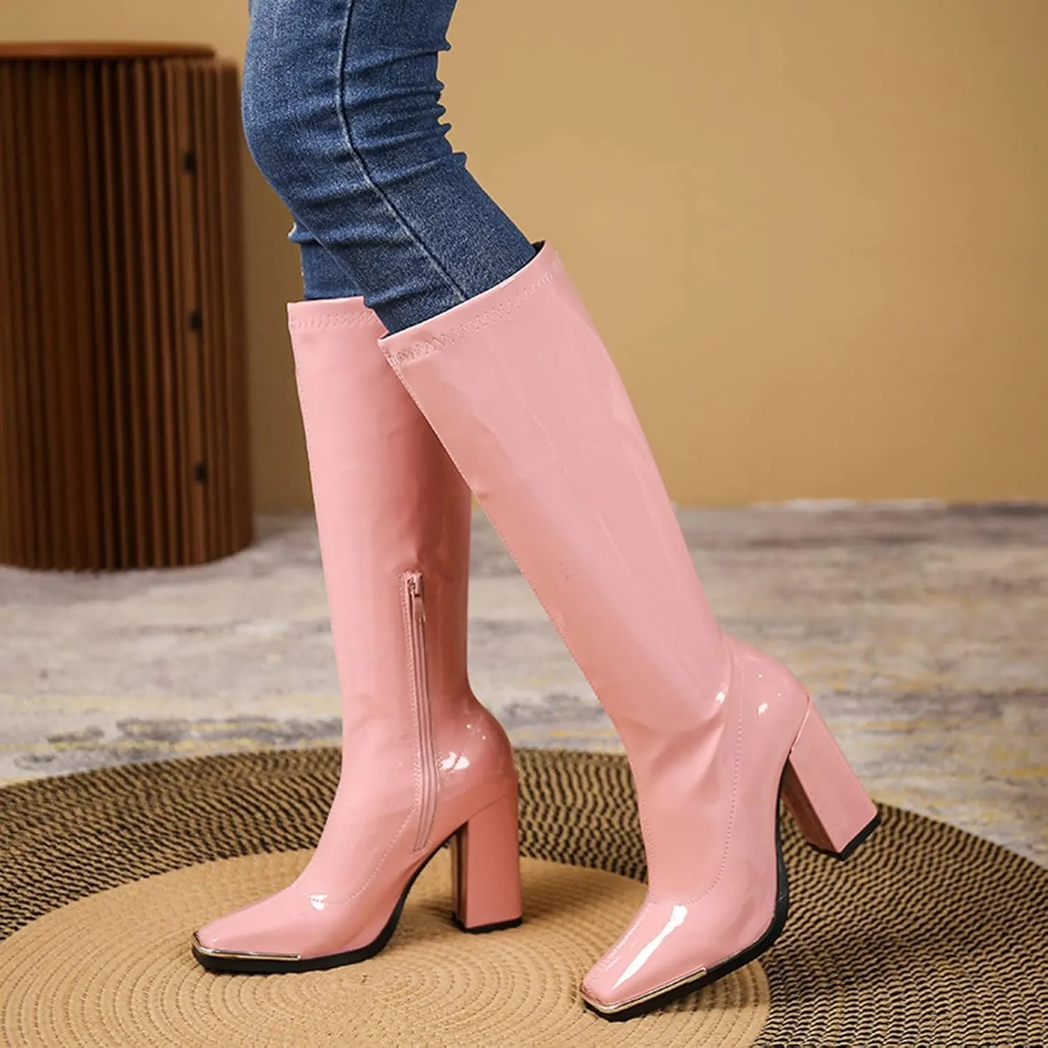 UOQAPRE Women's Low Heel Platform Boot Wide Calf Over The Knee Block Heel Zipper Boot Chunky Booties for Women