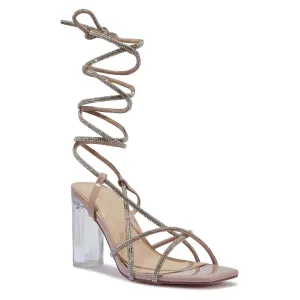 VALENTINA NUDE LACE UP BLOCK DIAMANTE HEELS