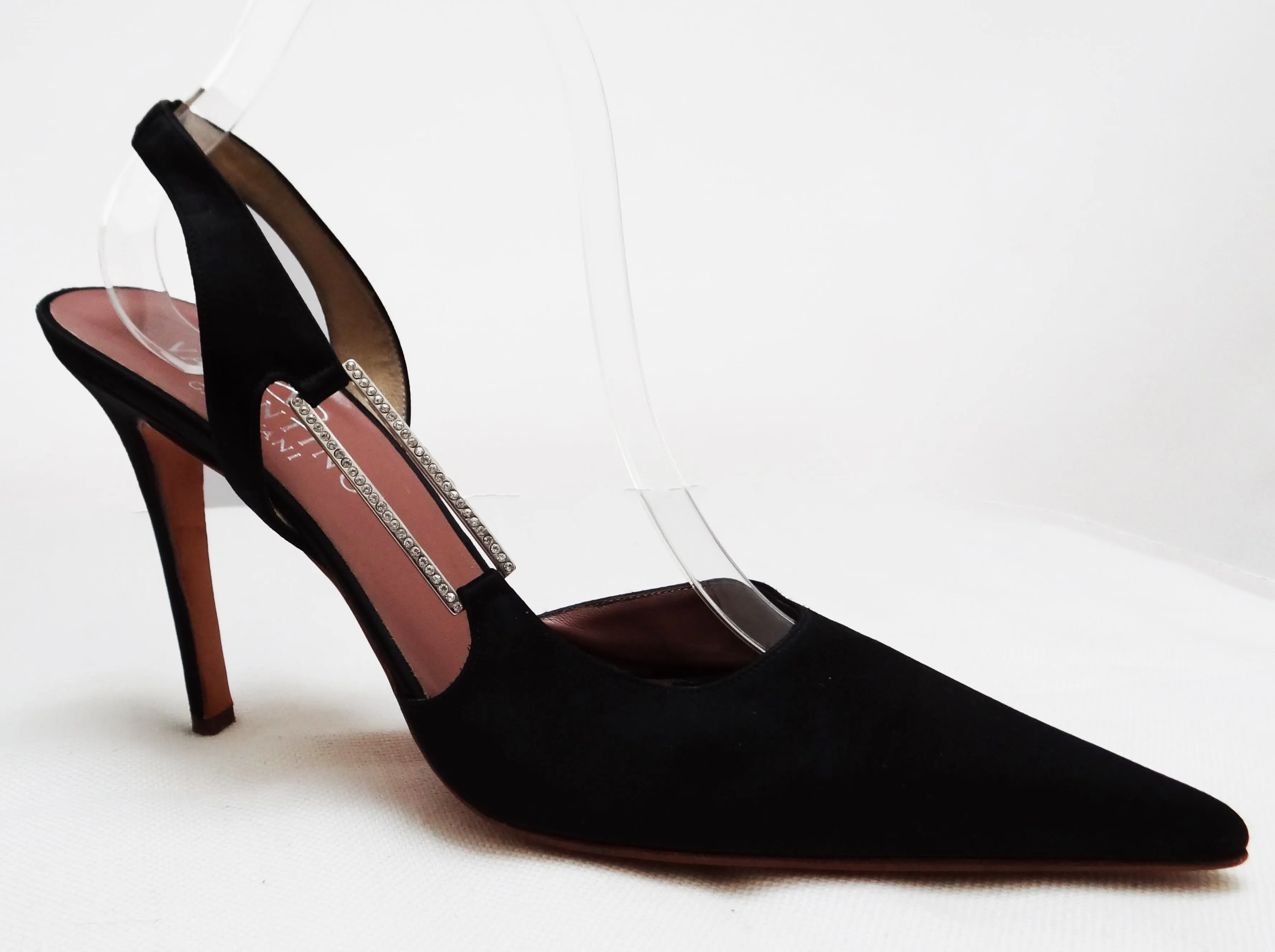 Valentino Stiletto Evening Shoes in Black Satin with Diamante Buckle, EU40