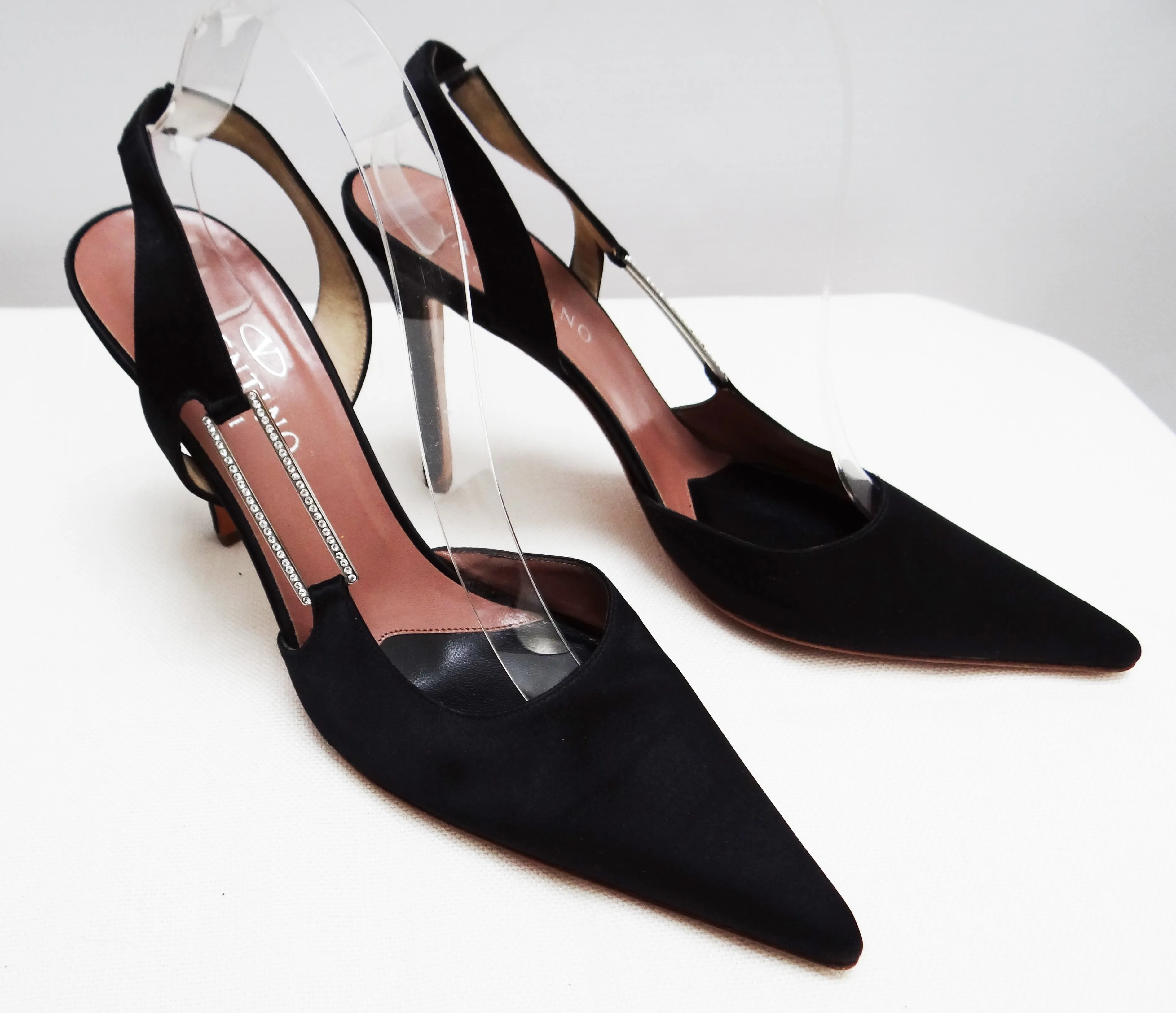 Valentino Stiletto Evening Shoes in Black Satin with Diamante Buckle, EU40