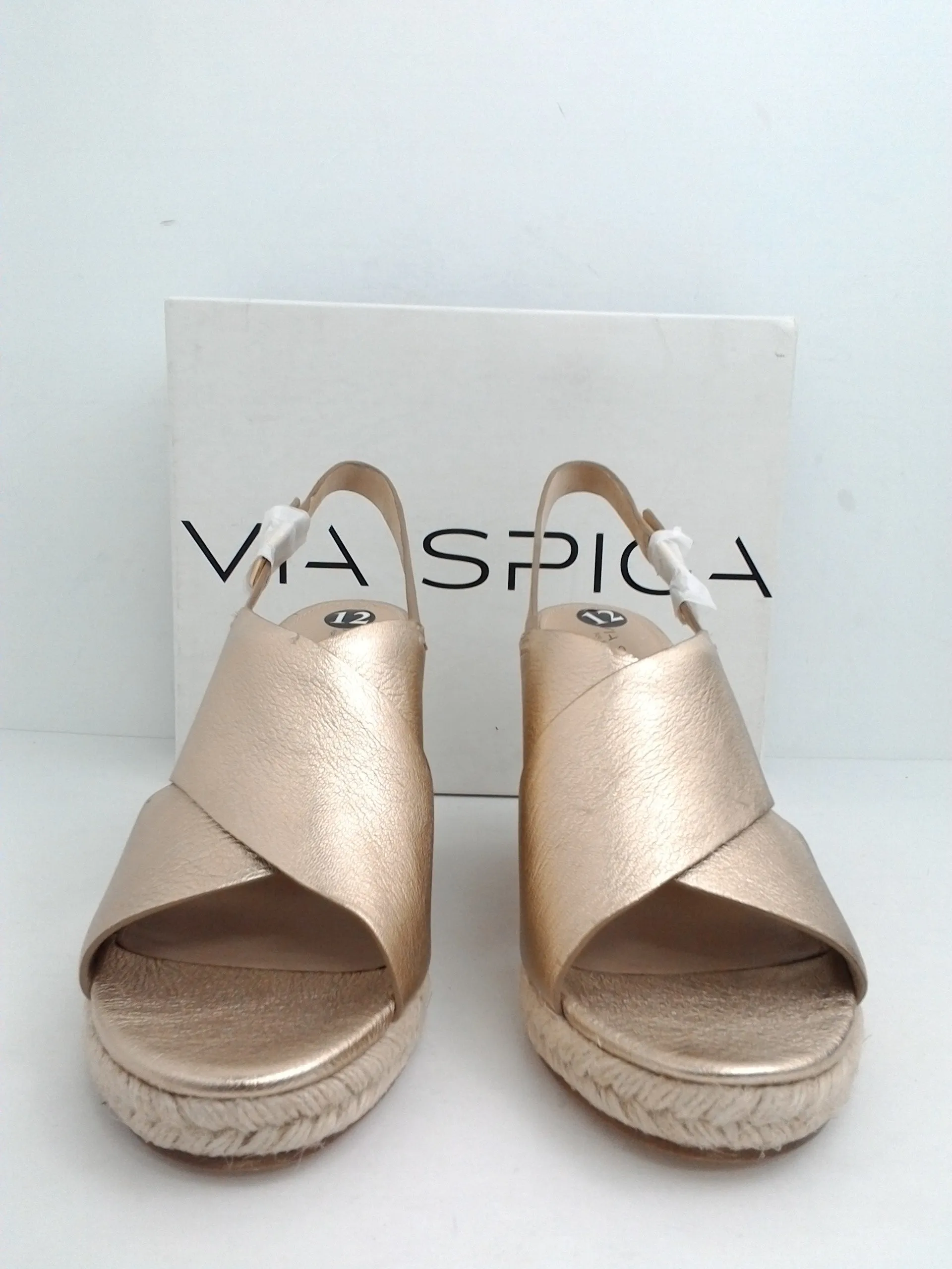 Via Spiga Women's Rosette Gold Leather Wedge Espadrille Sandal Size 12 M