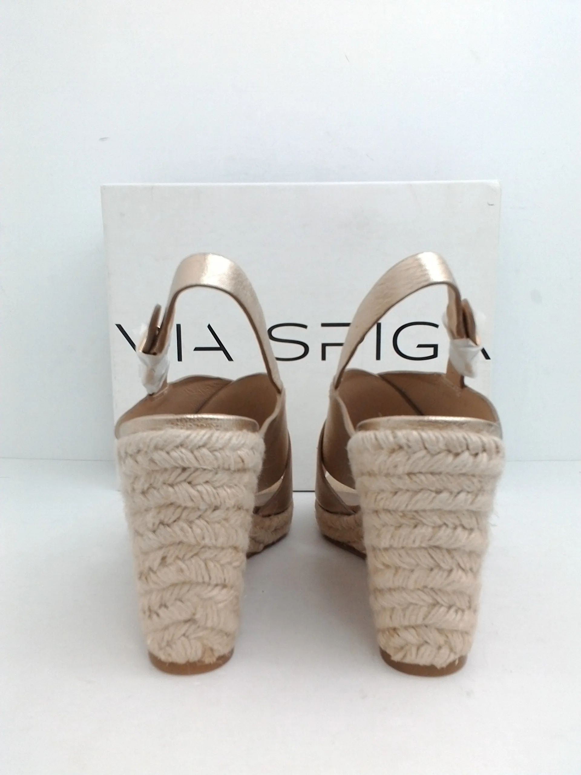 Via Spiga Women's Rosette Gold Leather Wedge Espadrille Sandal Size 12 M