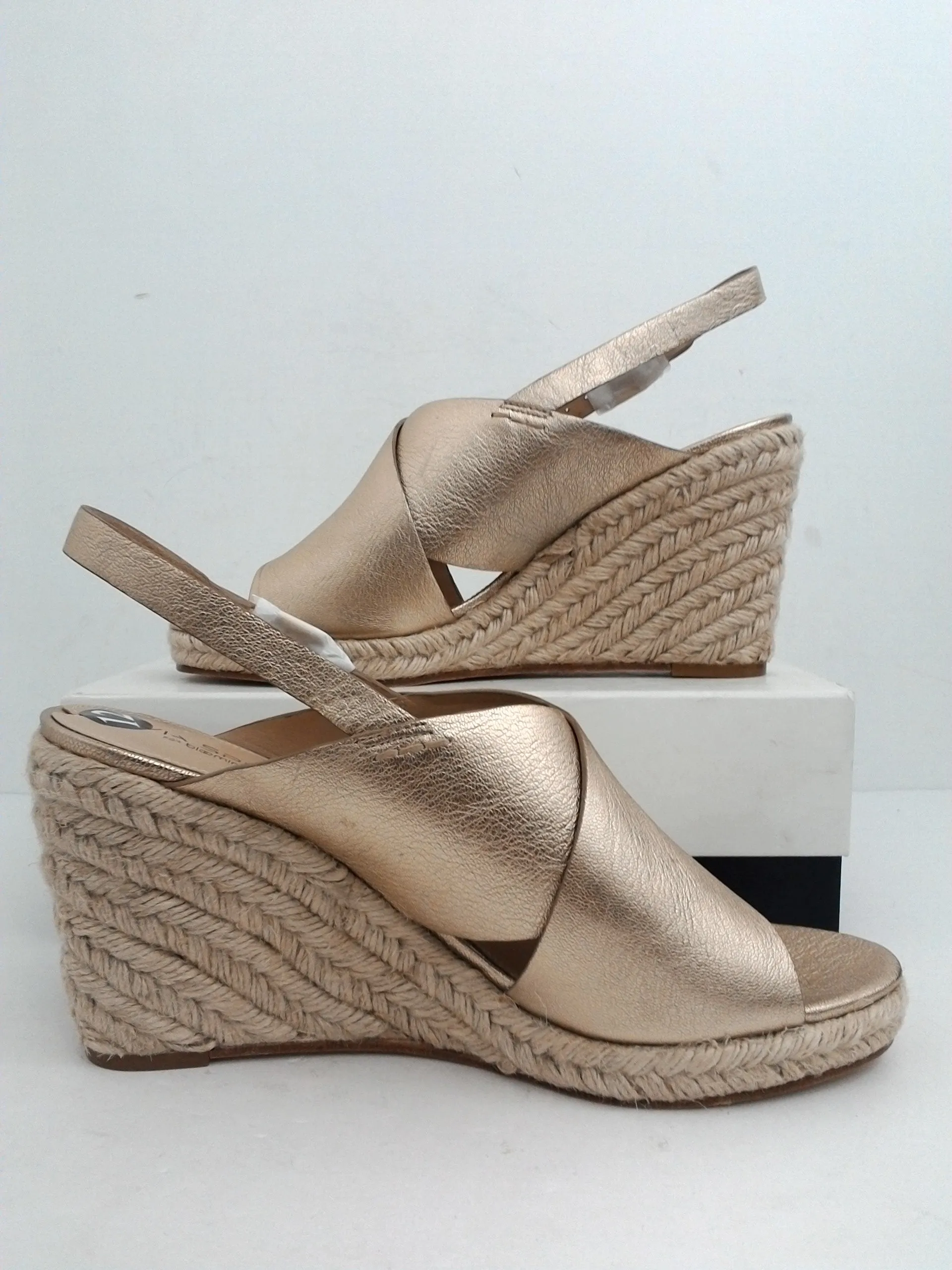 Via Spiga Women's Rosette Gold Leather Wedge Espadrille Sandal Size 12 M