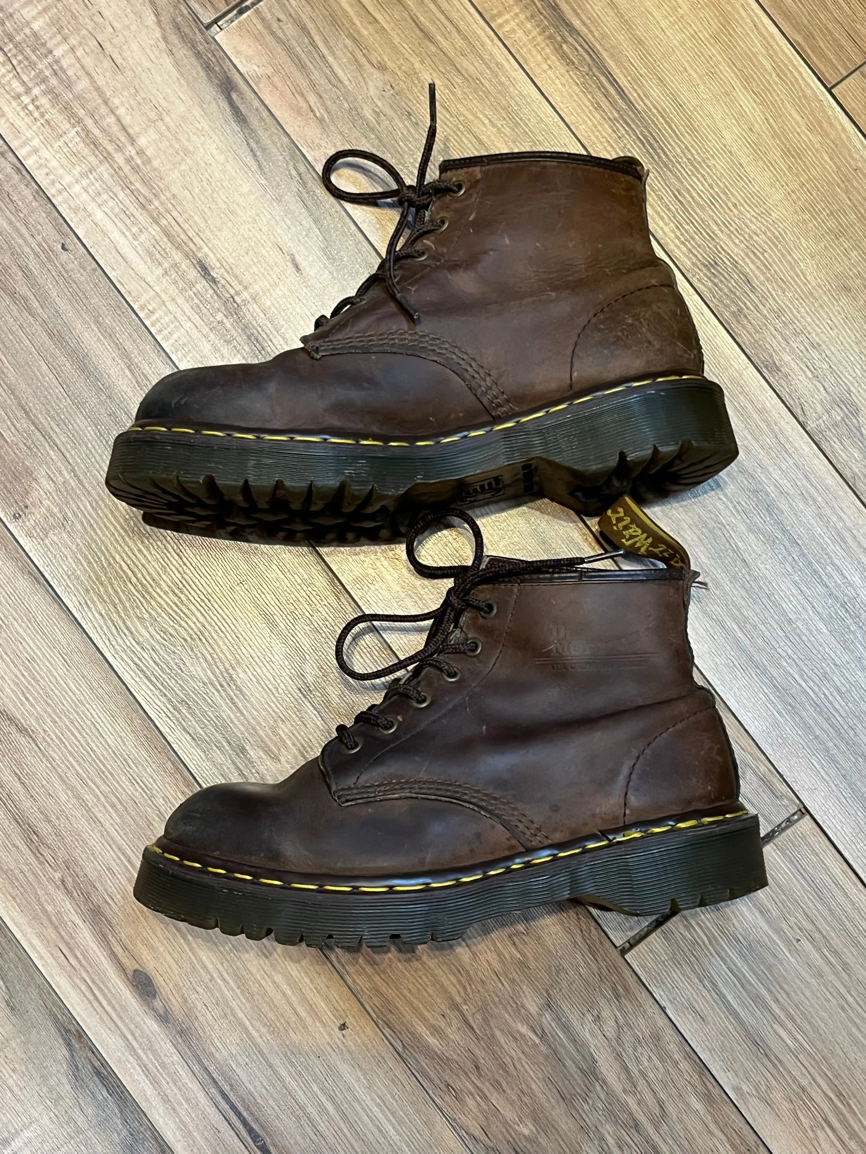 Vintage Doc Martens Brown 6 Eyelet Leather Boots, Made in England, Size UK 7, US Men’s 8, Women’s 9