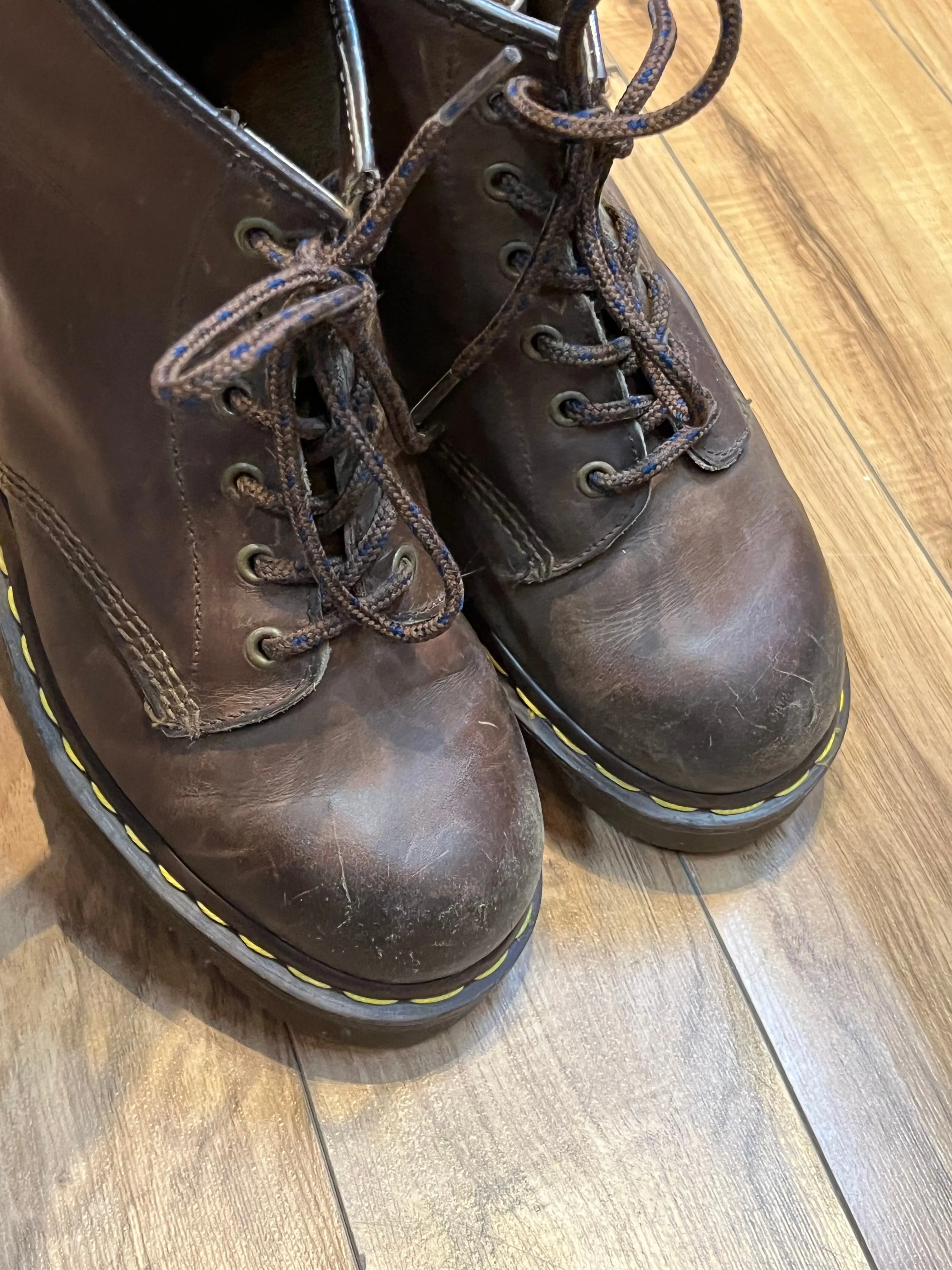 Vintage Doc Martens Brown 6 Eyelet Leather Boots, Made in England, Size UK 7, US Men’s 8, Women’s 9